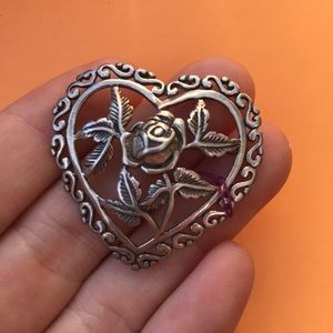 925 Real Silver Heart Rose Brooch Pin